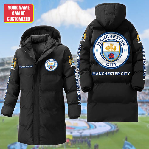Personalized Manchester City Long Padded Coat , Thick And Warm , Hooded Cotton Coat S300913