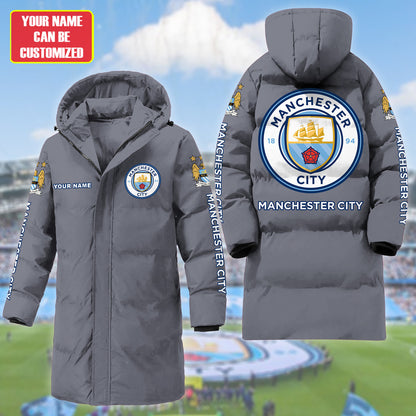 Personalized Manchester City Long Padded Coat , Thick And Warm , Hooded Cotton Coat S300913