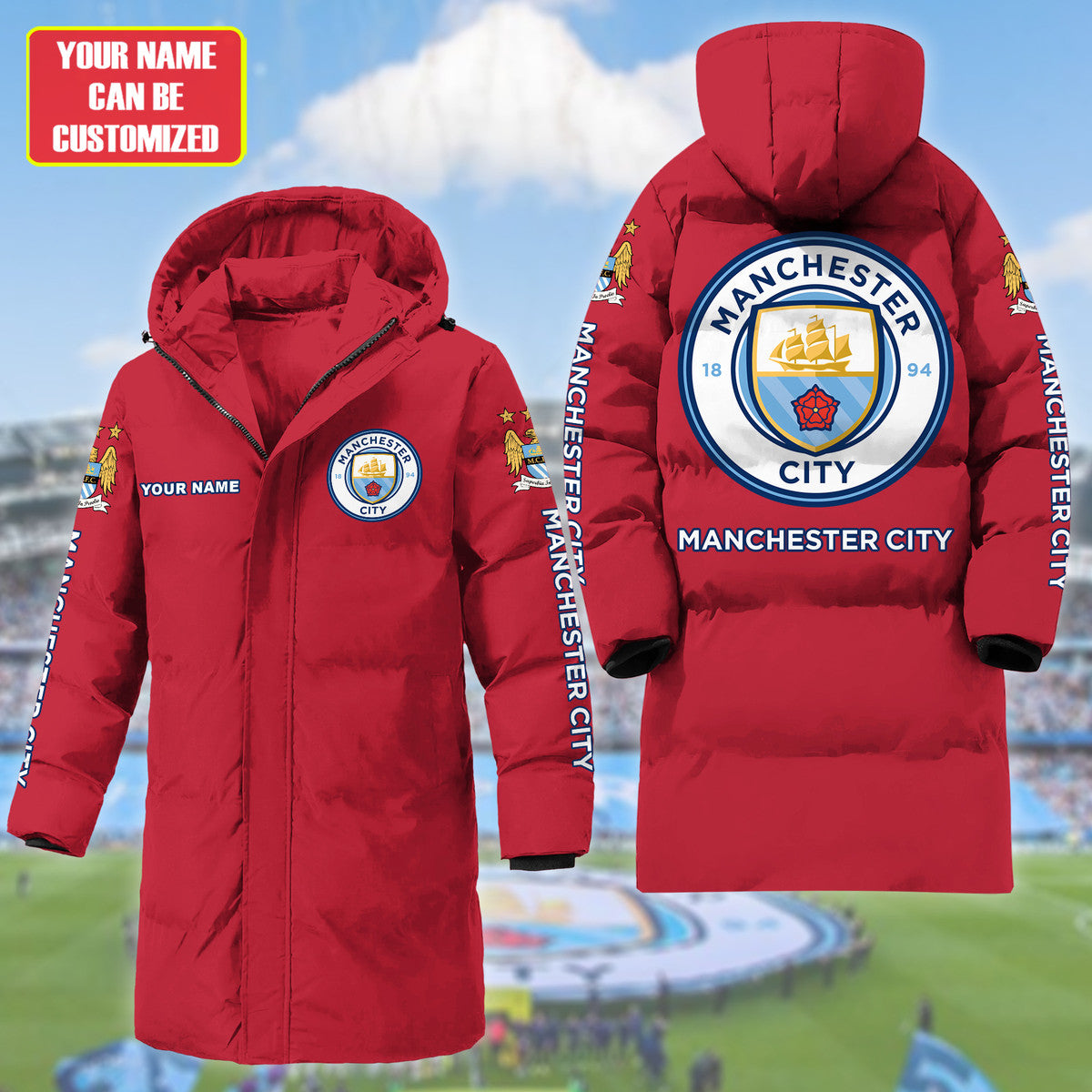 Personalized Manchester City Long Padded Coat , Thick And Warm , Hooded Cotton Coat S300913