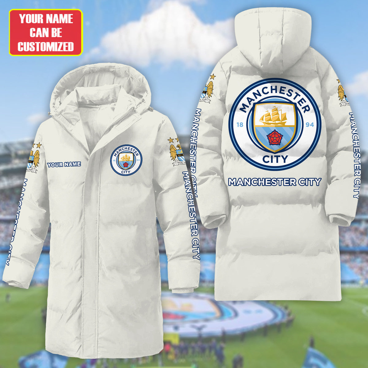 Personalized Manchester City Long Padded Coat , Thick And Warm , Hooded Cotton Coat S300913