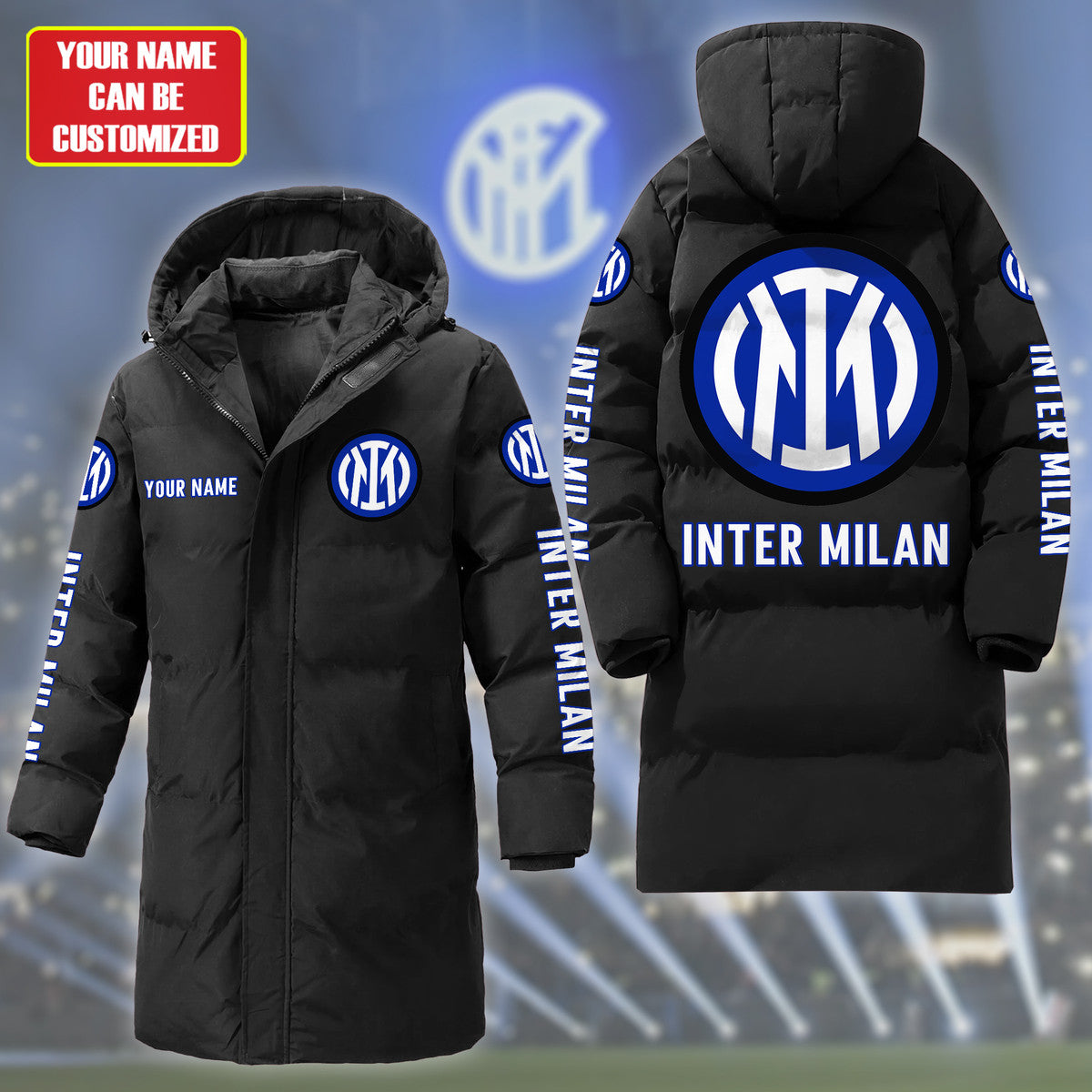 Personalized Inter Milan Long Padded Coat , Thick And Warm , Hooded Cotton Coat S300914
