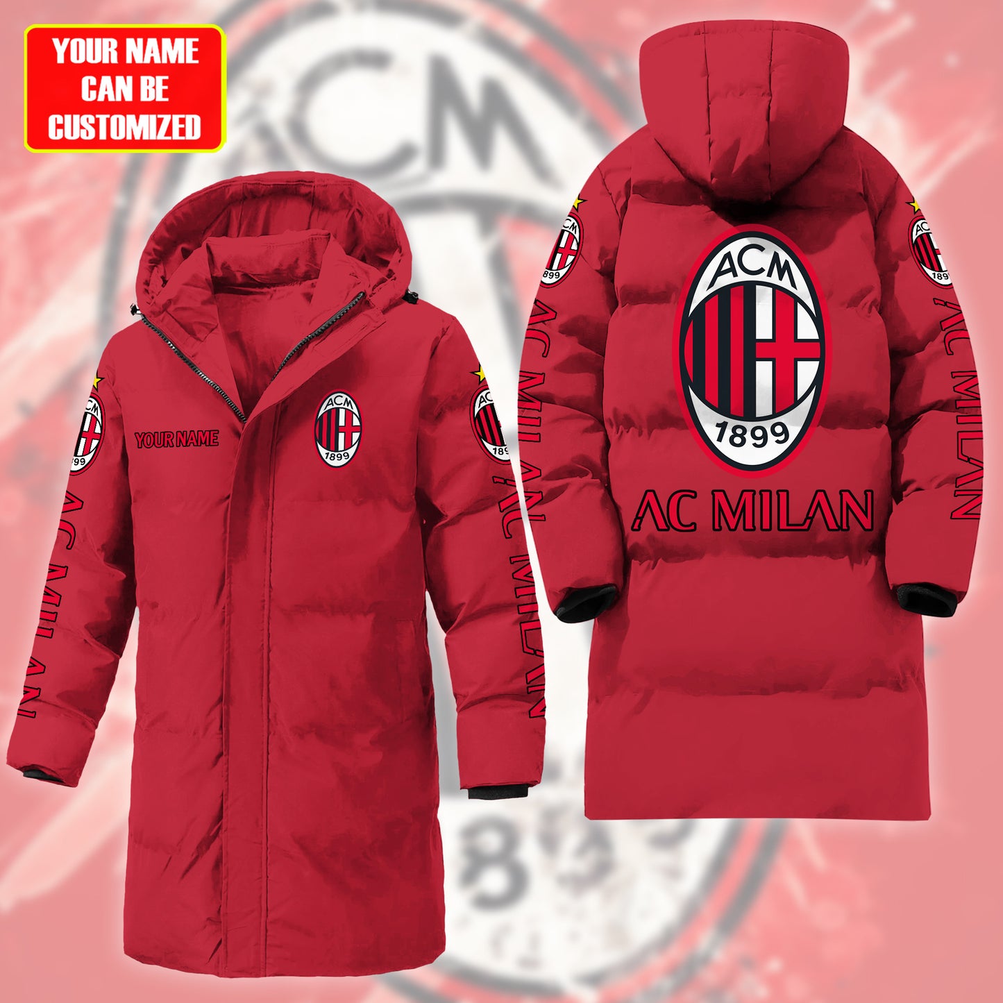 Personalized AC Milan Long Padded Coat , Thick And Warm , Hooded Cotton Coat S300915