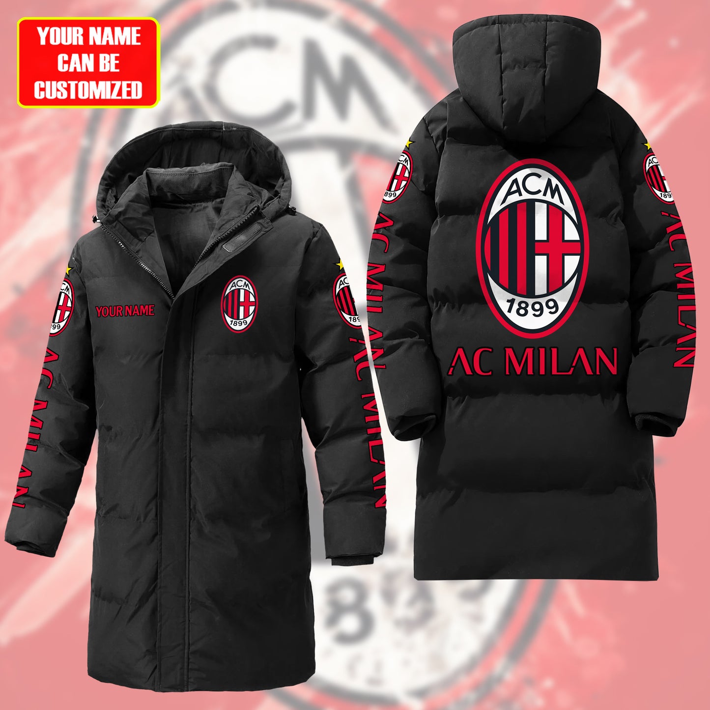 Personalized AC Milan Long Padded Coat , Thick And Warm , Hooded Cotton Coat S300915
