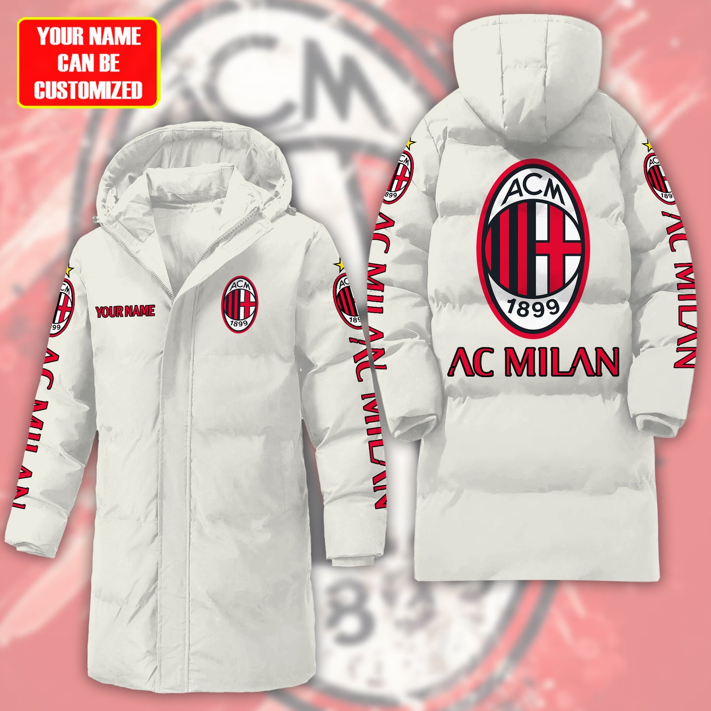 Personalized AC Milan Long Padded Coat , Thick And Warm , Hooded Cotton Coat S300915