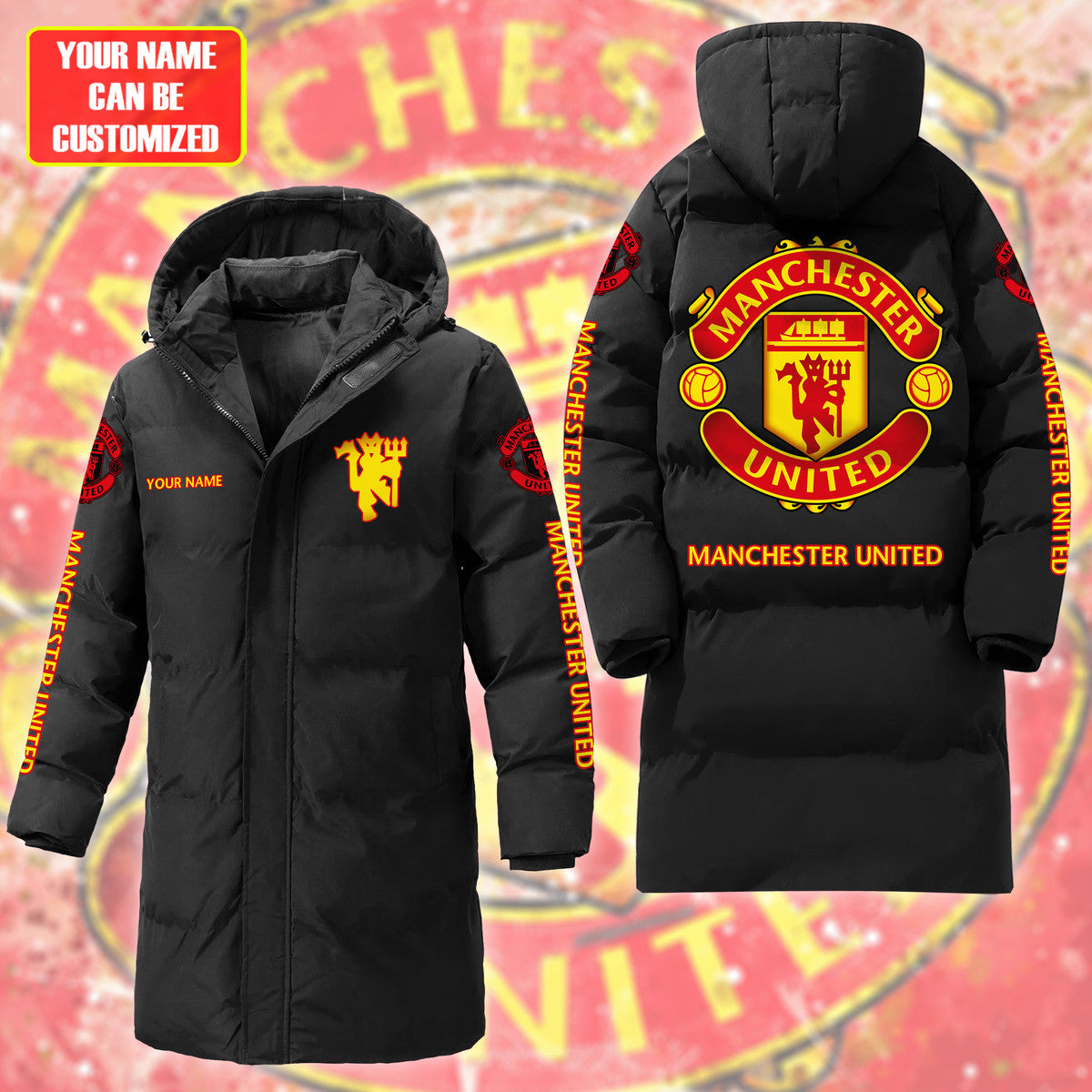 Manchester United FC Long Padded Coat , Thick And Warm , Hooded Cotton Coat QB011002