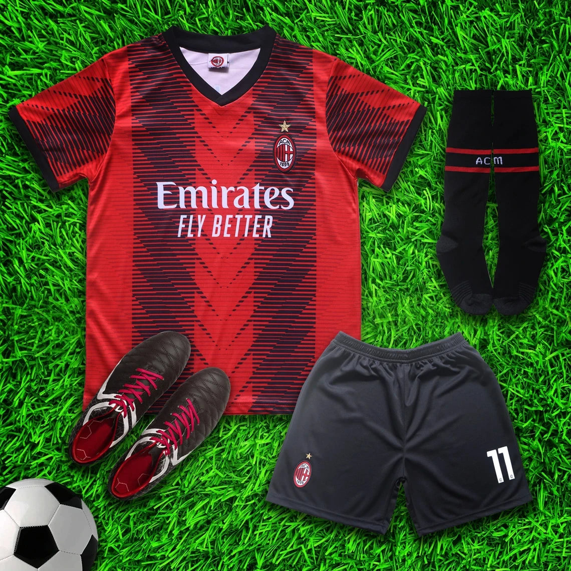 AC Milan Pulisic #11 Red/Black Soccer Jersey & Shorts with Socks Kit Set for Boys and Girls Youth Sizes , Adult Sizes