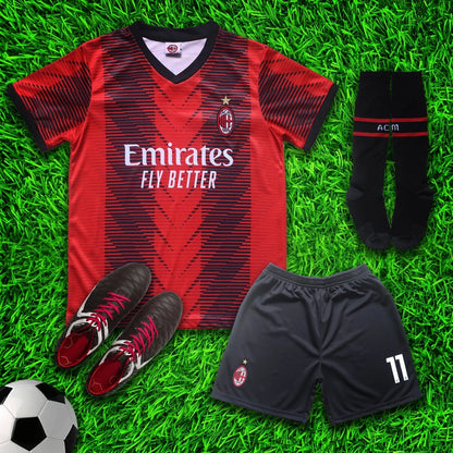 AC Milan Pulisic #11 Red/Black Soccer Jersey & Shorts with Socks Kit Set for Boys and Girls Youth Sizes , Adult Sizes