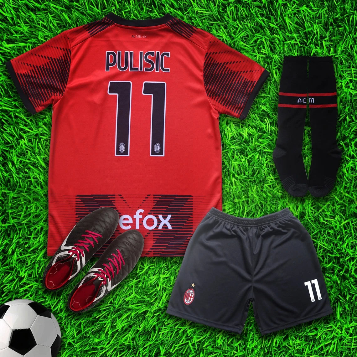 AC Milan Pulisic #11 Red/Black Soccer Jersey & Shorts with Socks Kit Set for Boys and Girls Youth Sizes , Adult Sizes