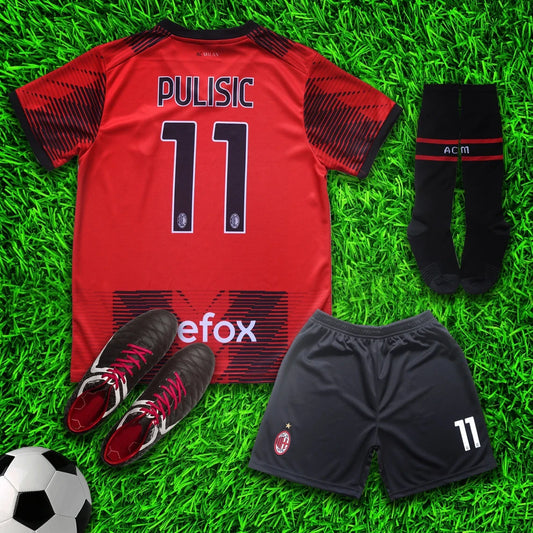 AC Milan Pulisic #11 Red/Black Soccer Jersey & Shorts with Socks Kit Set for Boys and Girls Youth Sizes , Adult Sizes
