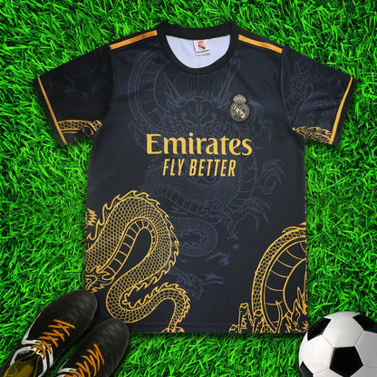 Real Madrid Vini Jr. #7 Gold Black Dragon Limited Special Edition Soccer Jersey Kit & Shorts with Socks Set for Boys Girls Vintage Youth Sizes , Adult Sizes