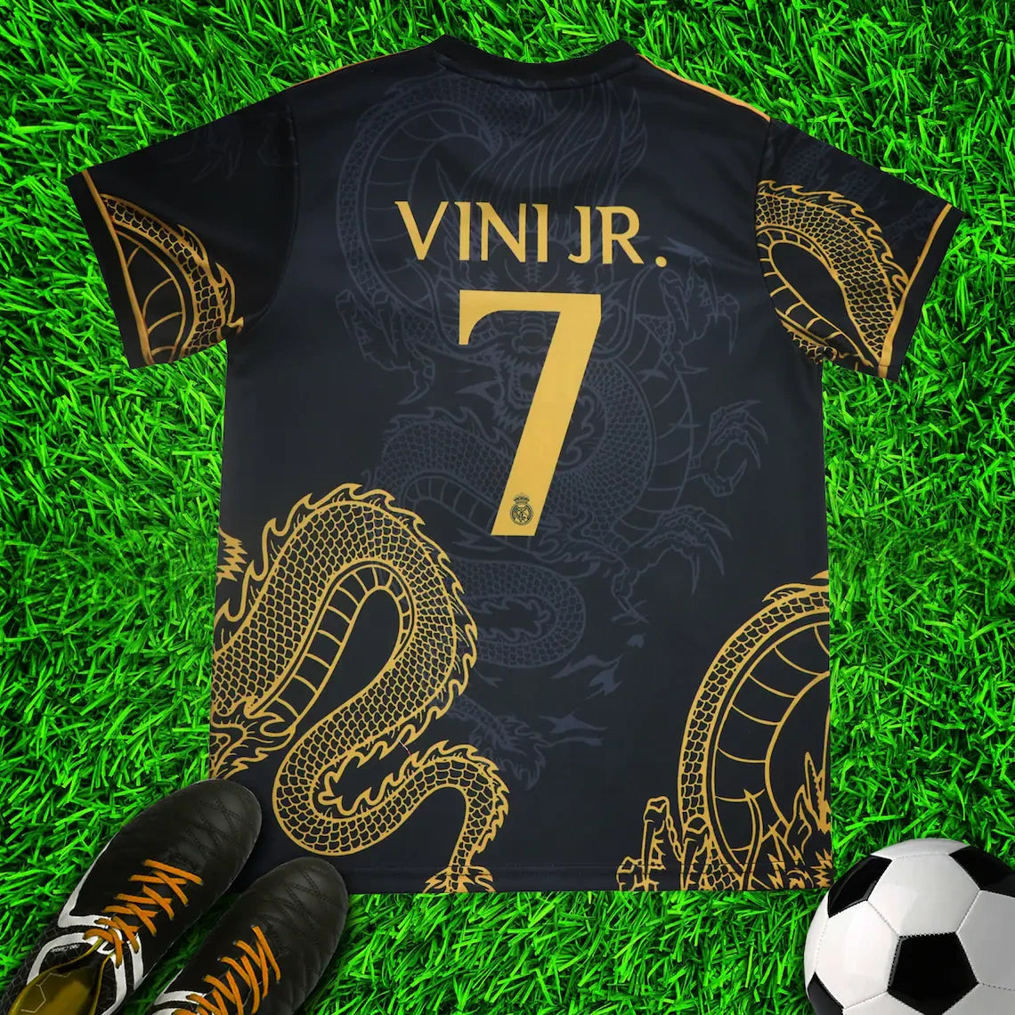 Real Madrid Vini Jr. #7 Gold Black Dragon Limited Special Edition Soccer Jersey Kit & Shorts with Socks Set for Boys Girls Vintage Youth Sizes , Adult Sizes