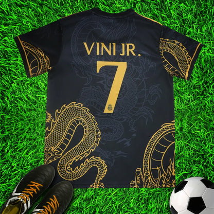 Real Madrid Vini Jr. #7 Gold Black Dragon Limited Special Edition Soccer Jersey Kit & Shorts with Socks Set for Boys Girls Vintage Youth Sizes , Adult Sizes