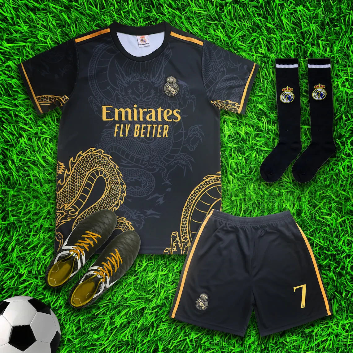 Real Madrid Vini Jr. #7 Gold Black Dragon Limited Special Edition Soccer Jersey Kit & Shorts with Socks Set for Boys Girls Vintage Youth Sizes , Adult Sizes