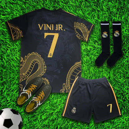 Real Madrid Vini Jr. #7 Gold Black Dragon Limited Special Edition Soccer Jersey Kit & Shorts with Socks Set for Boys Girls Vintage Youth Sizes , Adult Sizes