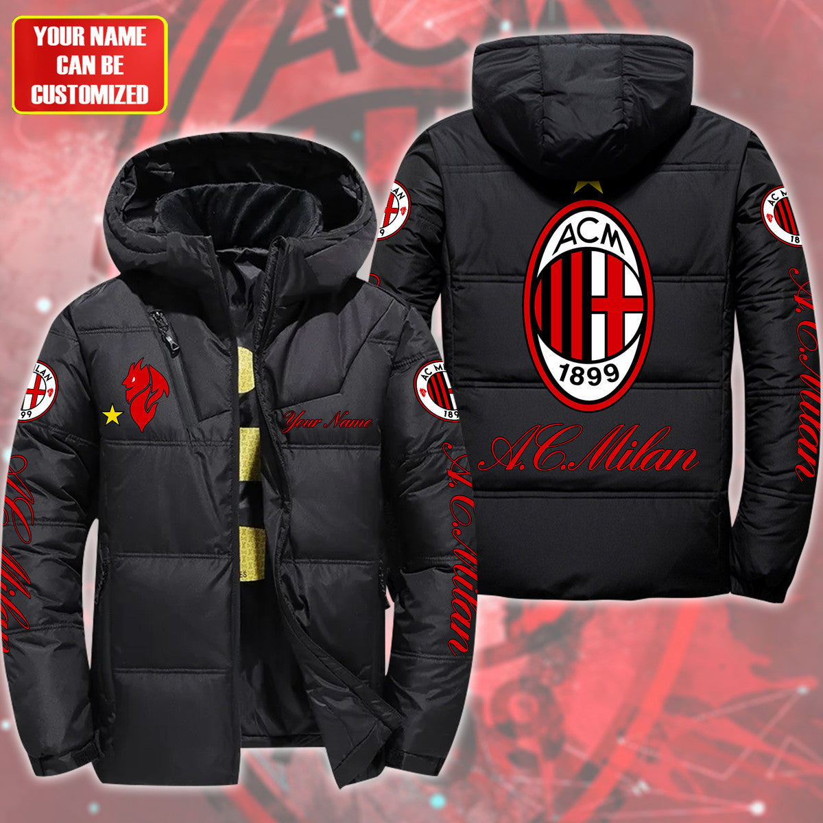 Personalized AC Milan Puffer Thermal Jacket With Hood QB011006
