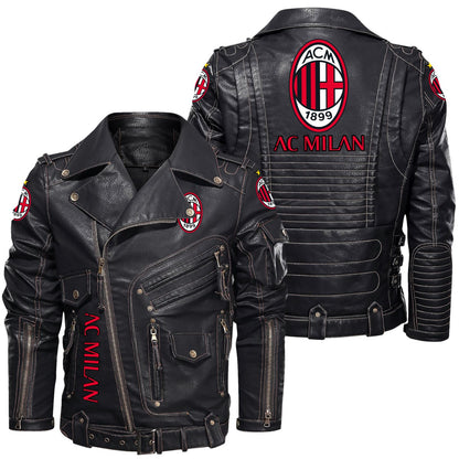 AC Milan Belt Solid Zipper Street Leather Jacket S100802