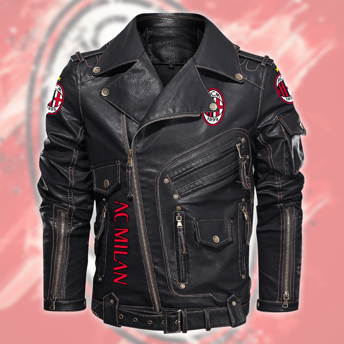AC Milan Belt Solid Zipper Street Leather Jacket S100802