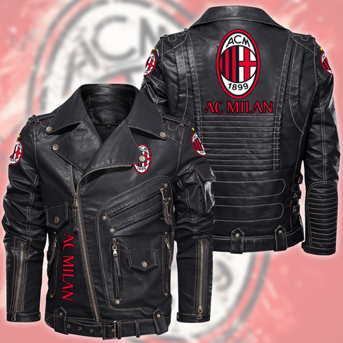 AC Milan Belt Solid Zipper Street Leather Jacket S100802