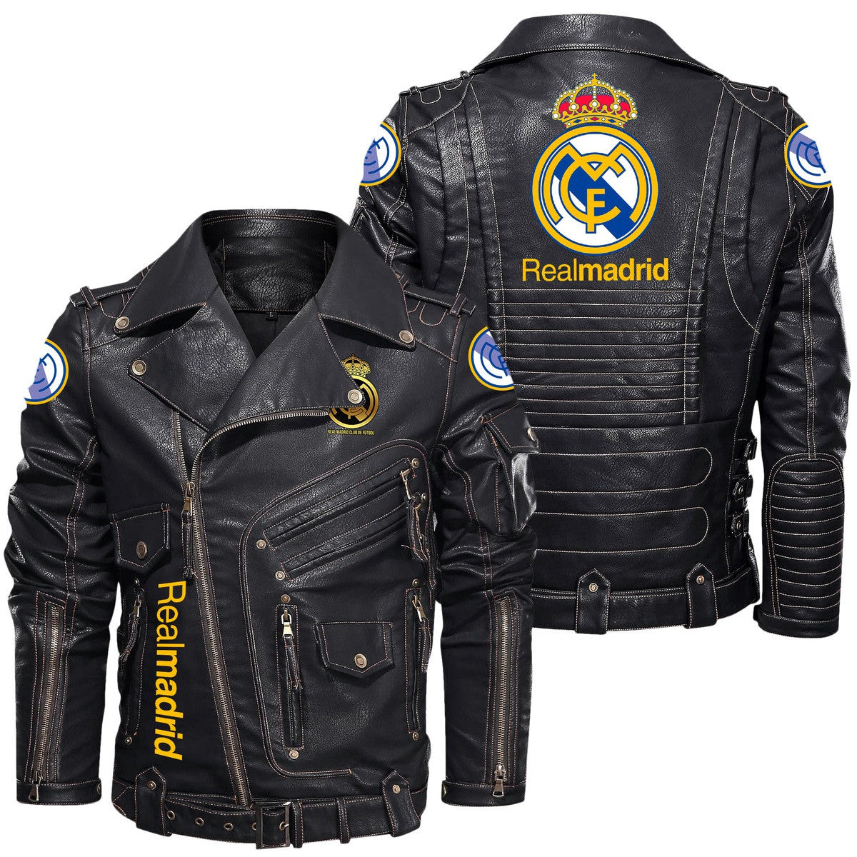 Real Madrid Belt Solid Zipper Street Leather Jacket Q040901