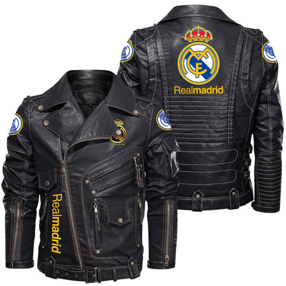 Real Madrid Belt Solid Zipper Street Leather Jacket Q040901