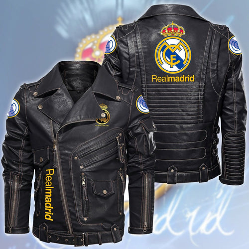 Real Madrid Belt Solid Zipper Street Leather Jacket Q040901