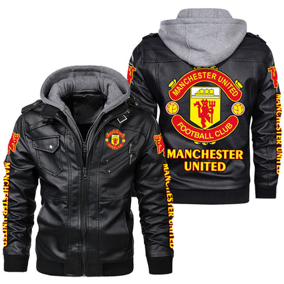 Manchester United Leather Jacket with Hood S281002