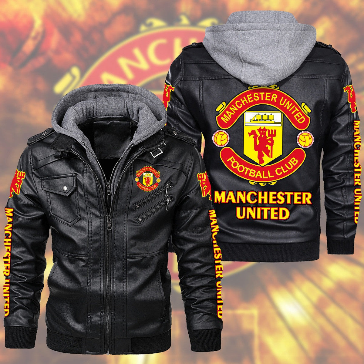 Manchester United Leather Jacket with Hood S281002