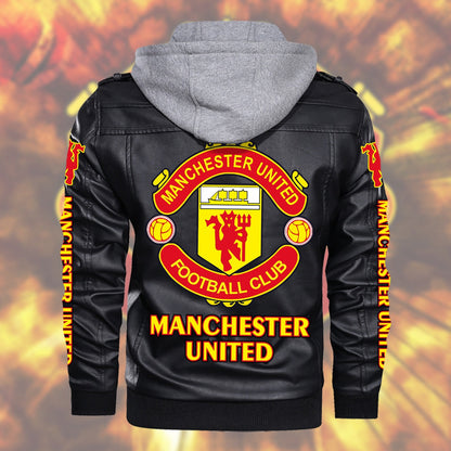 Manchester United Leather Jacket with Hood S281002