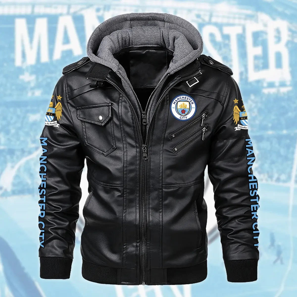 Manchester CIty Leather Jacket with Hood S301006