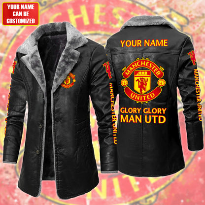 Personalized Manchester United Leather Fleece Winter Coat Q211006