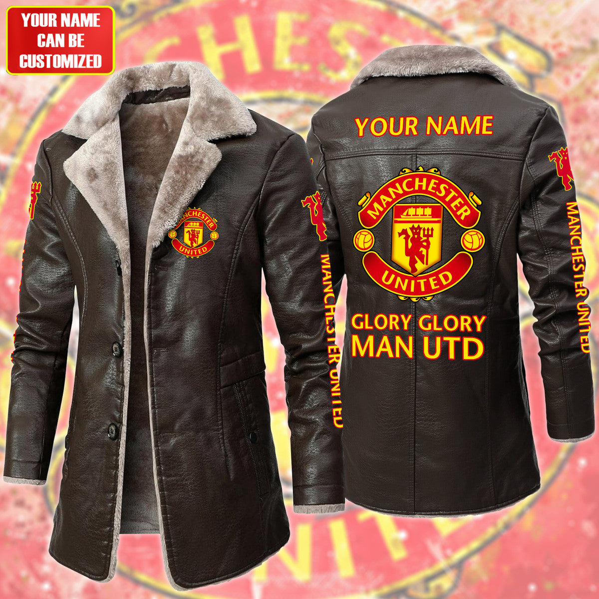 Personalized Manchester United Leather Fleece Winter Coat Q211006