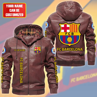 Barcelona FC Hooded Football Leather Jacket P071104