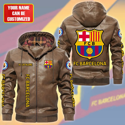 Barcelona FC Hooded Football Leather Jacket P071104