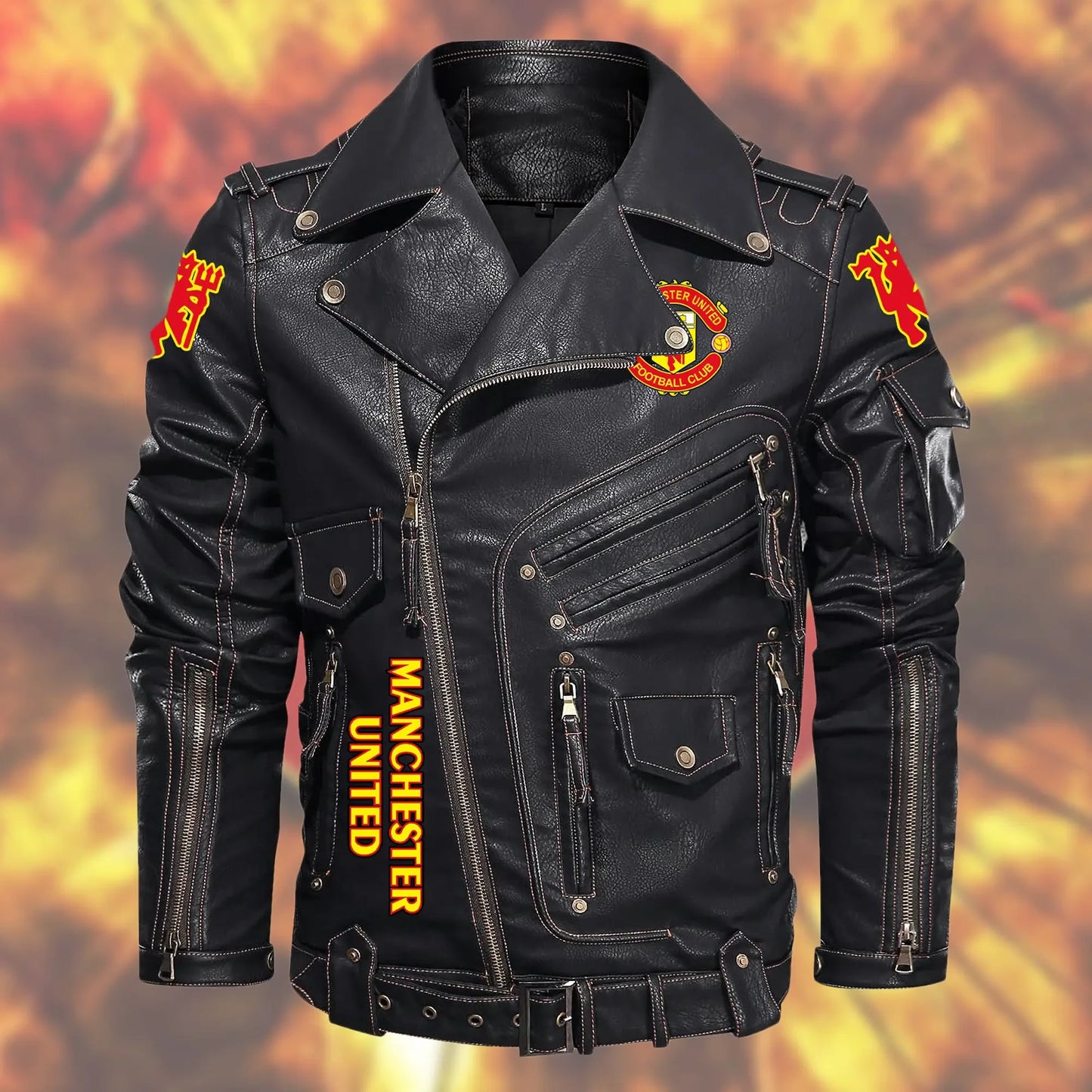 Manchester United Belt Solid Zipper Street Leather Jacket S191104