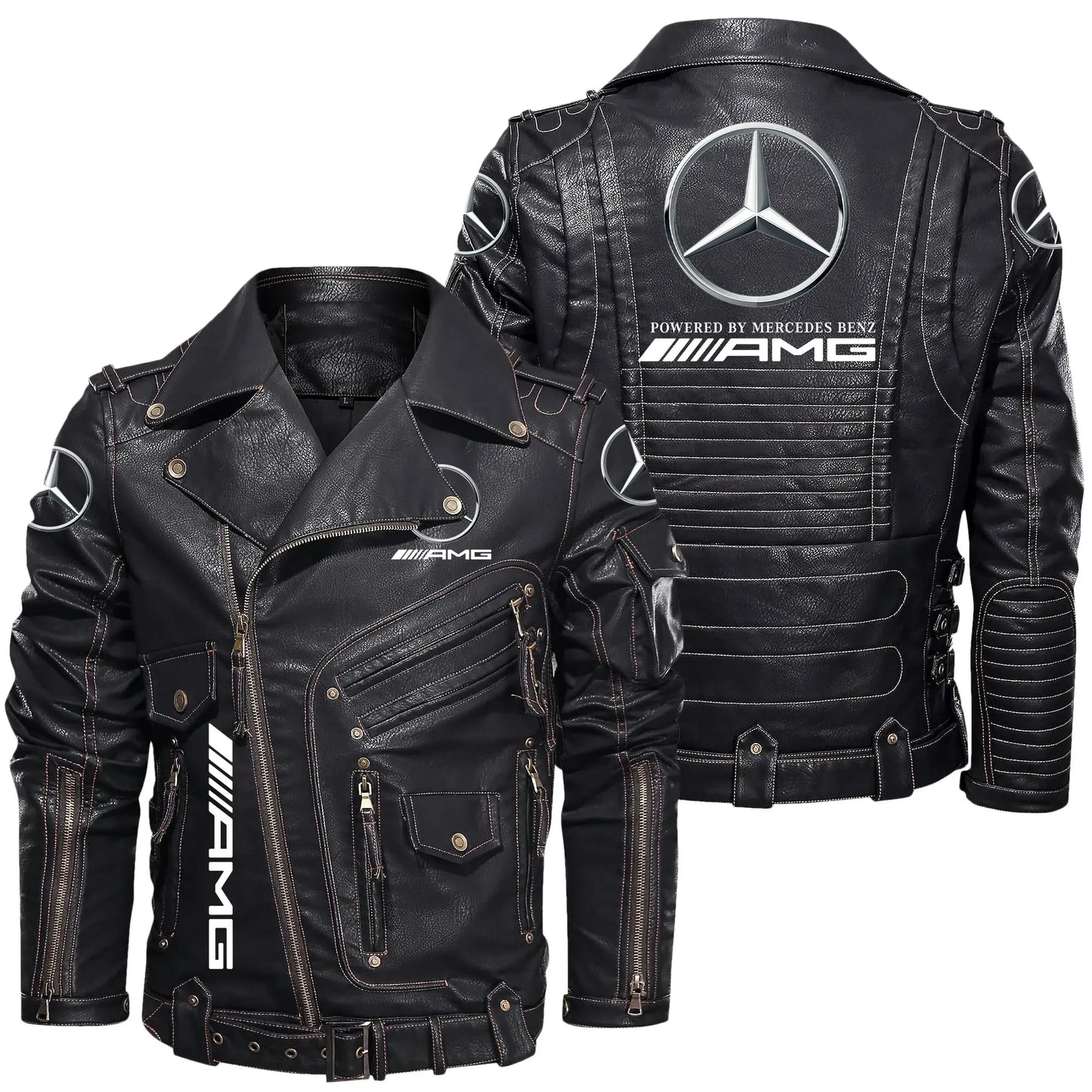 Merc AMG Belt Solid Zipper Street Leather Jacket