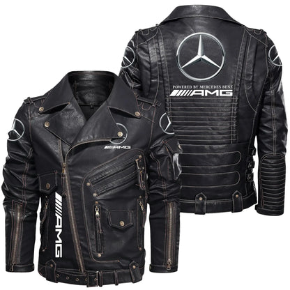 Merc AMG Belt Solid Zipper Street Leather Jacket