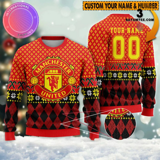 Personalized Manchester United Q4 Ugly Christmas Sweater , Unisex Wool Sweater
