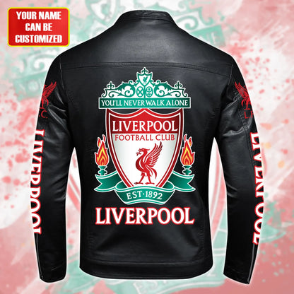 Personalized Liverpool Leather Bomber Stand Collar Jacket