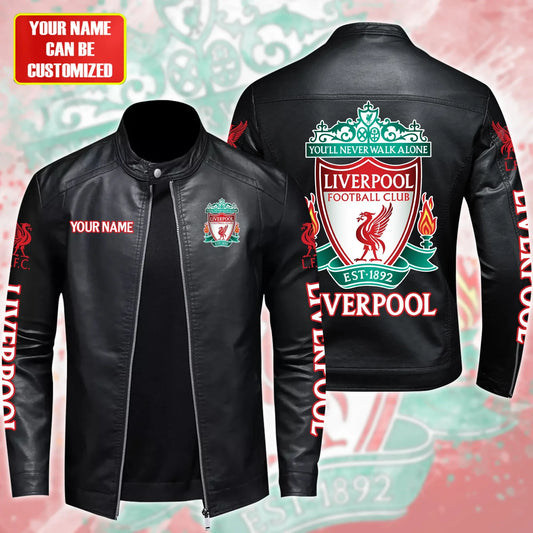 Personalized Liverpool Leather Bomber Stand Collar Jacket