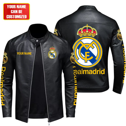 Personalized Real Madrid Leather Bomber Stand Collar Jacket