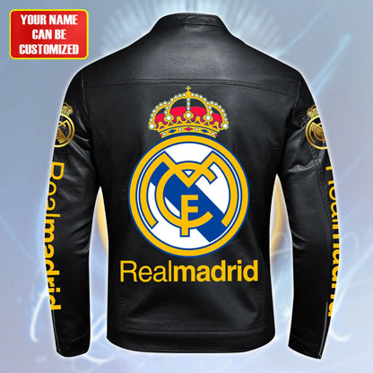 Personalized Real Madrid Leather Bomber Stand Collar Jacket