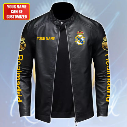 Personalized Real Madrid Leather Bomber Stand Collar Jacket