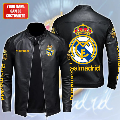 Personalized Real Madrid Leather Bomber Stand Collar Jacket