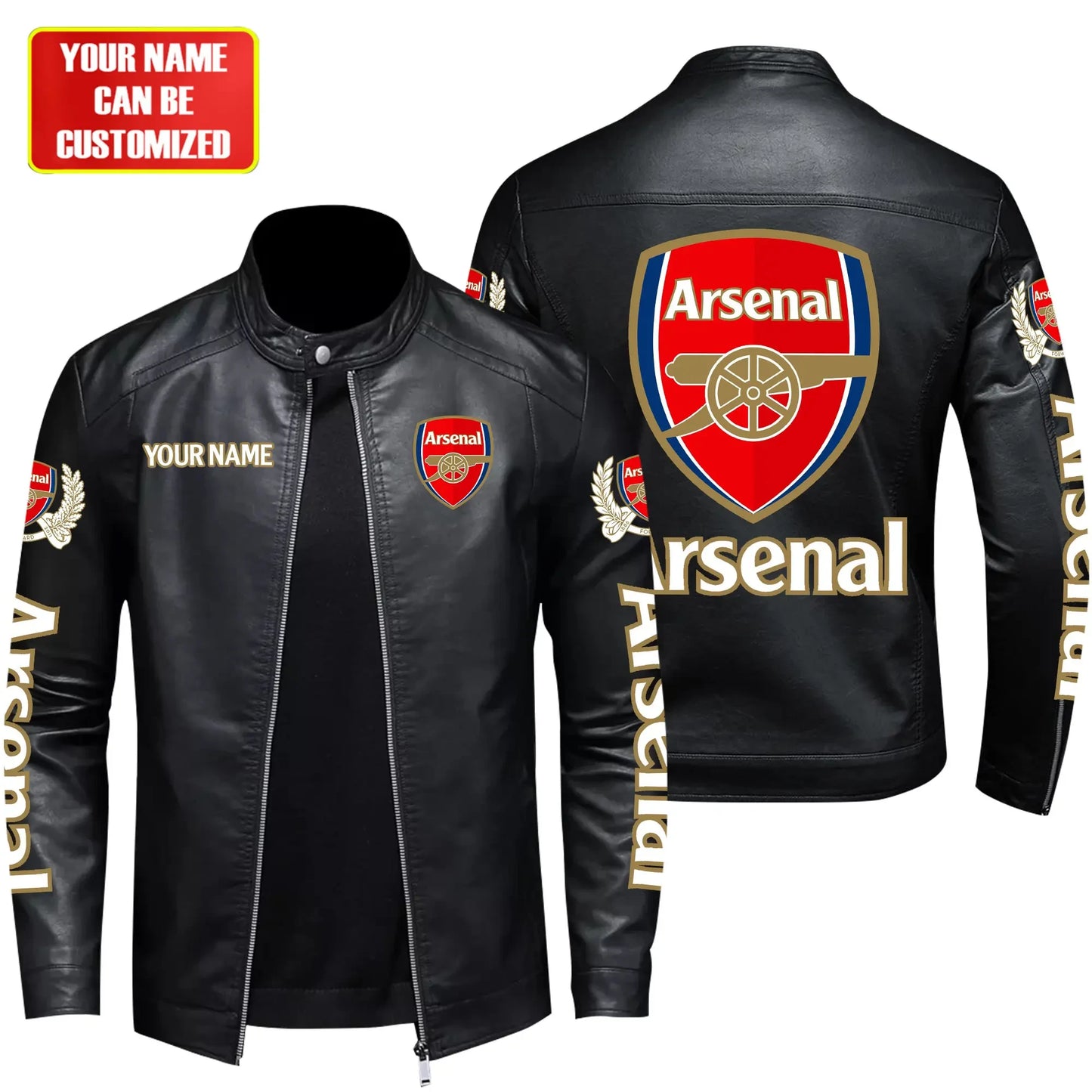 Personalized Arsenal Leather Bomber Stand Collar Jacket