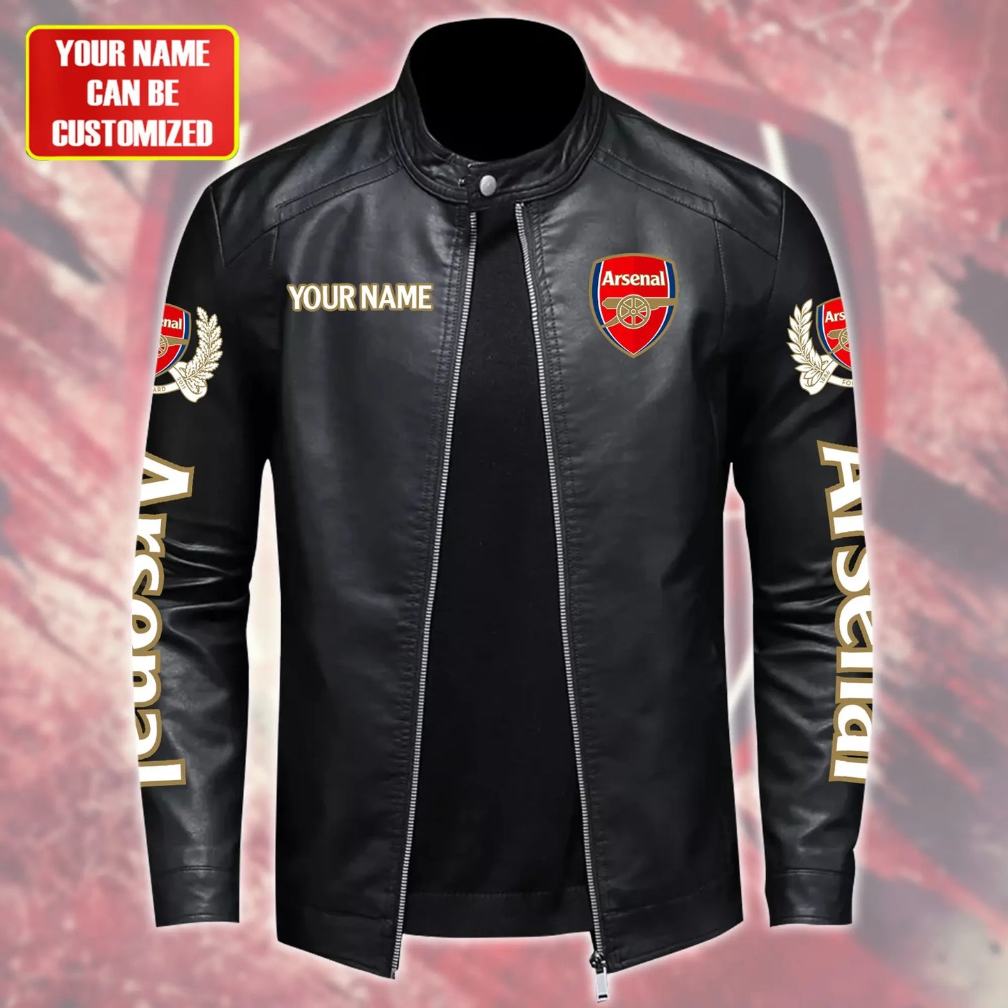 Personalized Arsenal Leather Bomber Stand Collar Jacket