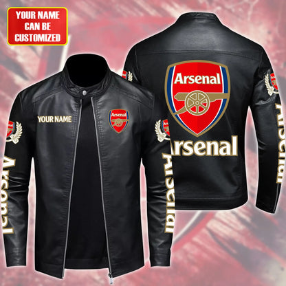 Personalized Arsenal Leather Bomber Stand Collar Jacket