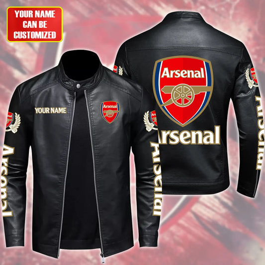 Personalized Arsenal Leather Bomber Stand Collar Jacket