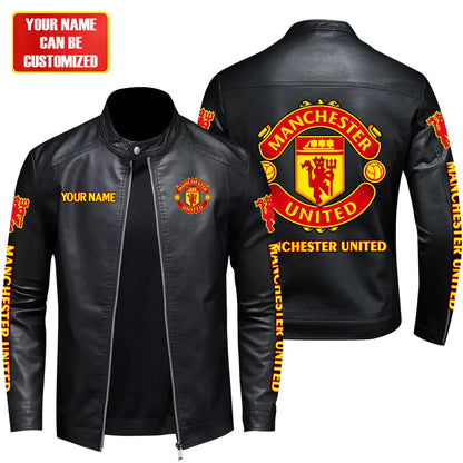 Personalized Manchester United Leather Bomber Stand Collar Jacket