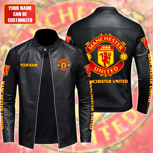 Personalized Manchester United Leather Bomber Stand Collar Jacket