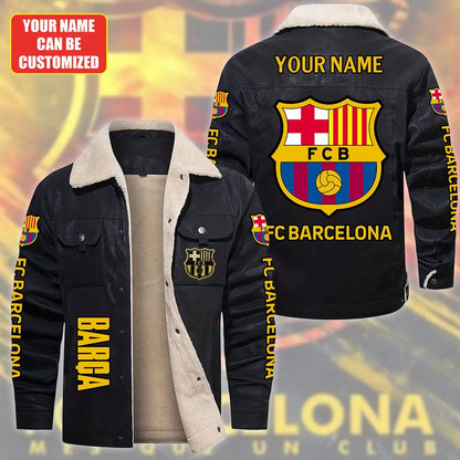 Personalized Barça Fleece Collar Leather Jacket